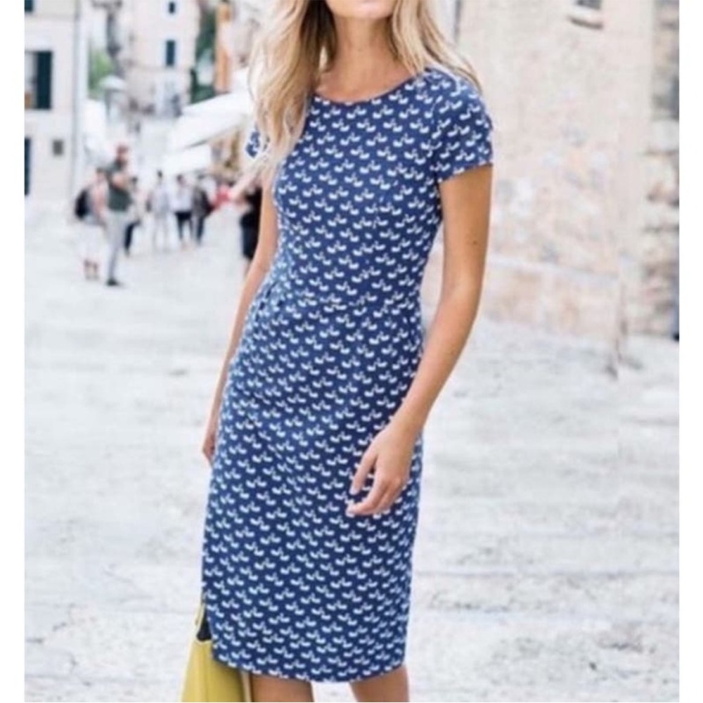 Boden Phoebe Jersey Dress Blue Swan Print with Pockets Size 12 Large